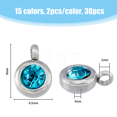 HOBBIESAY 30Pcs 15 Colors Trendy Original Color 304 Stainless Steel Grade A Rhinestone Flat Round Charm Pendants RB-HY0001-04-1