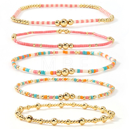 5Pcs Bohemian Style Brass & Glass Seed Bead Stretch Bracelets for Women AC5136-1-1