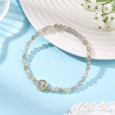 Religion Natural Labradorite Beaded Stretch Bracelets with Brass Flat Round with Cross Beads BJEW-JB14360-01-1
