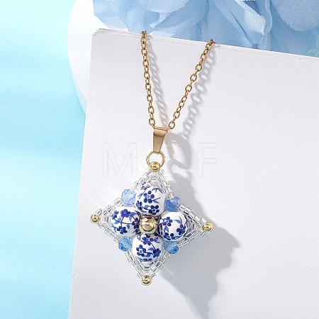 Handmade Flower Printed Porcelain Ceramic Beaded Star Pendant 304 Stainless Steel Chain Necklaces NJEW-MZ00143-1