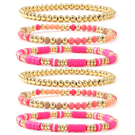 6Pcs 6 Styles Bohemian Style Plastic & Brass & Polymer Clay Heishi Beaded Stretch Bracelets for Women BX0662-1-1