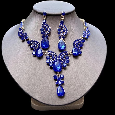 Teardrop Alloy Acrylic Rhinestone Pendant Necklaces & Stud Earrings Sets FS-WG537BF-08-1