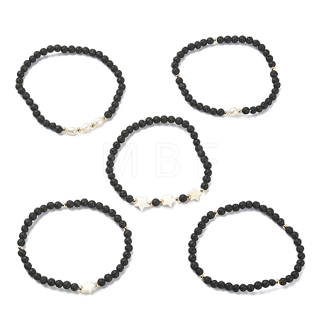 5Pcs 5 Style Natural Lava Rock & Pearl & Shell Star Beaded Stretch Bracelets Set BJEW-JB09495-03-1