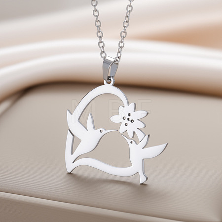 Mother's Day 304 Stainless Steel Heart with Birds Pendant Cable Chain Necklaces for Women FS-WG7A94E-01-1