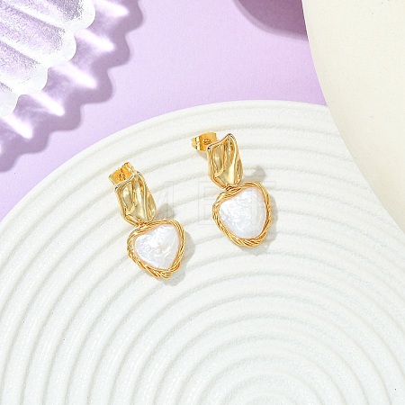 Brass with Natural Pearl Stud Dangle Earrings EJEW-JE07234-1