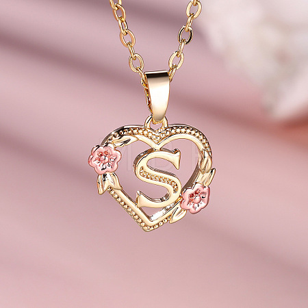 Brass Rose Flower Heart with Letter Pendant Necklaces FS-WGF6950-19-1
