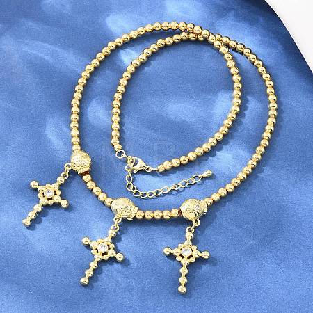 Brass Micro Pave Clear Cubic Zirconia Cross Pendant Round Beaded Bib Necklaces for Women NJEW-F364-04G-1