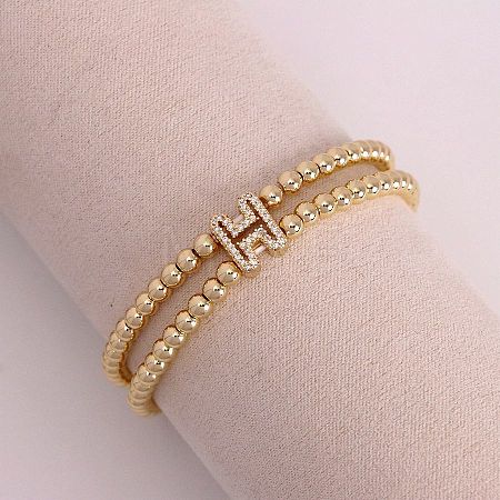 Brass Micro Pave Clear Cubic Zirconia Beads Double Strands Stretch Bracelets for Women FS-WGC7159-08-1