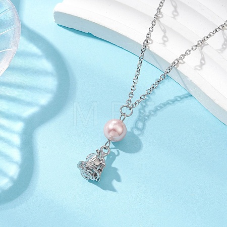 Alloy Rose Flower and Round Shell Pearl Pendant 304 Stainless Steel Cable Chain Necklaces for Women NJEW-JN05759-01-1