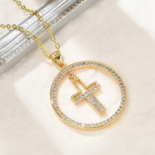 Brass Micro Pave Clear Cubic Zirconia Ring Pendant Necklaces NJEW-P322-A02-G-1