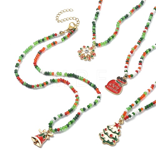 Christmas Theme Alloy Enamel Pendant Necklace with Glass Beaded Chains NJEW-JN04338-1