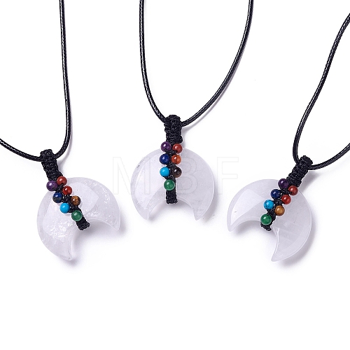 Adjustable Natural Quartz Crystal Double Horn Pendant Necklace with Wax Cord for Women NJEW-B086-01C-1