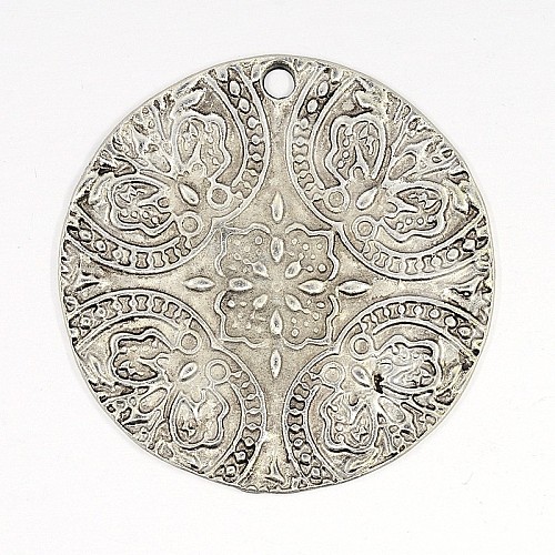 Antique Silver Alloy Flat Round Pendants X-TIBEP-QA2298-AS-LF-1