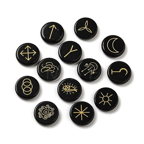 13Pcs Flat Round Natural Obsidian Rune Stones G-K335-08A-1