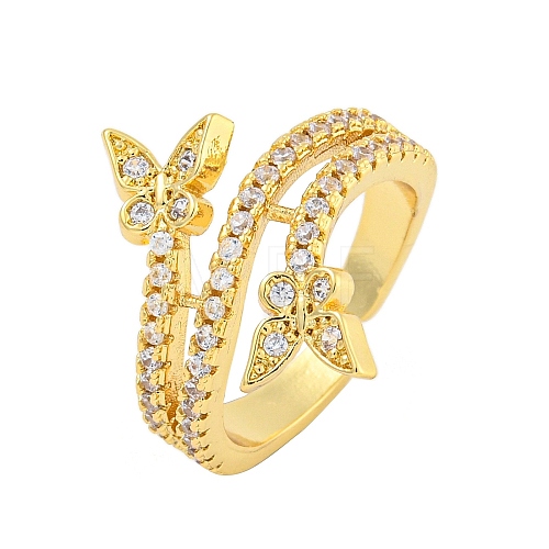 Butterfly Rack Plating Brass Micro Pave Cubic Zirconia Cuff Finger Rings RJEW-C103-01G-1