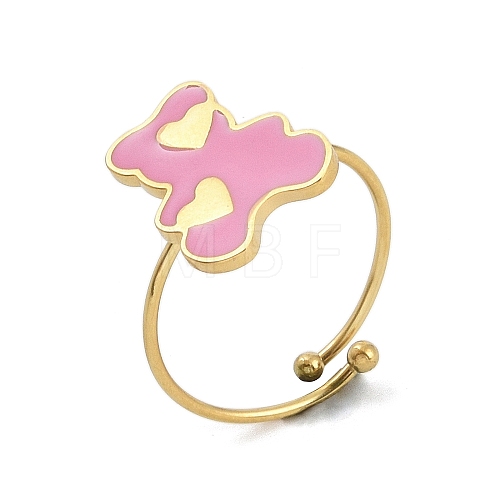 Bear with Heart 304 Stainless Steel Enamel Ring RJEW-A038-11G-1