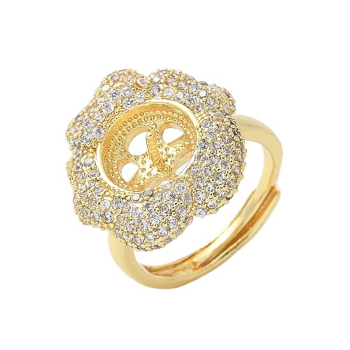 Flower Brass Micro Pave Cubic Zirconia Adjustable Ring Settings KK-K297-03G-1