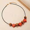 Wooden Round and Maple Leaf Beaded Necklaces with Black Imitation Leather Cord WGC6511-01-1