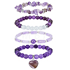 FIBLOOM 4Pcs 4 Style Natural Amethyst Beaded Stretch Bracelets Set BJEW-FI0001-58-1