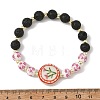 2Pcs 2 Colors Handmade Printed Porcelain Floral Flat Round & Round Natural Lava Rock Beaded Stretch Bracelet Sets BJEW-JB14186-5