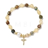Brass Micro Pave Clear Cubic Zirconia Charm Natural Golden Silk Jade Round and Faceted Cube African Turquoise(Jasper) Beaded Stretch Bracelets for Women BJEW-JB14378-01-3