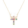 Brass Pave Colorful Cubic Zirconia Cross with Angel Wings Pendant Necklaces for Women WGF2102-01-2