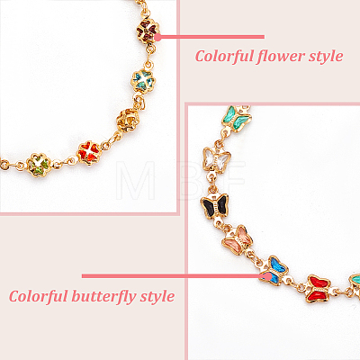 ANATTASOUL 2Pcs 2 Style Colorful Acrylic Butterfly & Clover Link Chain Anklets Set BJEW-AN0001-18-1