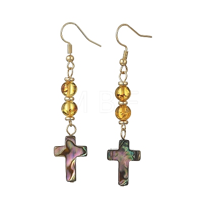 Natural Amber & Abalone Shell/Paua Shell Beads Dangle Earrings EJEW-JE07315-03-1