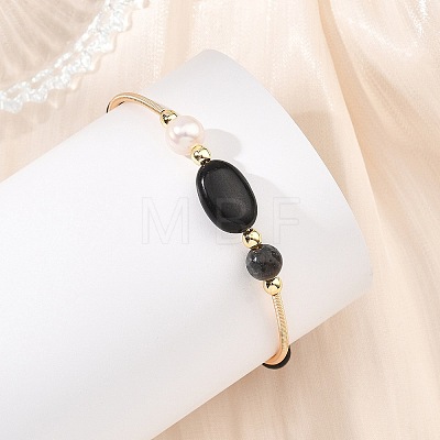 Round & Oval Natural Black Tourmaline & Larvikite & Lava Rock & Cultured Freshwater Pearl & Non-magnetic Synthetic Hematite Beaded Bangles BJEW-JB14079-1