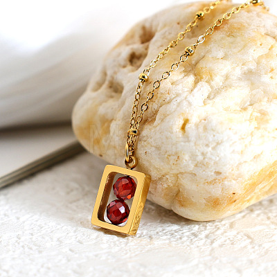 304 Stainless Steel Rectangle with Facetd Round Cubic Zirconia Ball Pendant Necklaces WGA581F-04-1