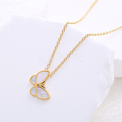 Stainless Steel Pave Natural White Shell Butterfly Pendant Necklaces for Women YH3028-2-1