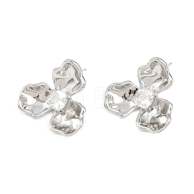 Flower Brass Micro Pave Clear Cubic Zirconia Stud Earring Findings KK-F921-03P-1