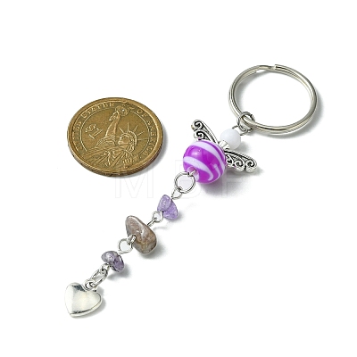 Gemstone Chip & Alloy Heart Pendant Keychain with Acrylic Beads KEYC-JKC00538-1