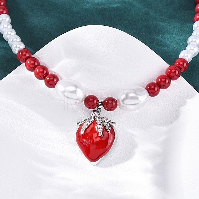 Strawberry Brass Micro Pave Clear Cubic Zirconia Red Enamel Pendant Necklaces for Women NJEW-G162-04P-1