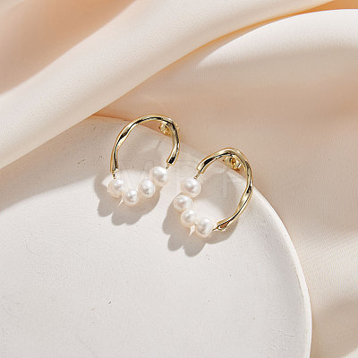 Oval Natural Pearl Stud Earrings EJEW-G411-02G-1