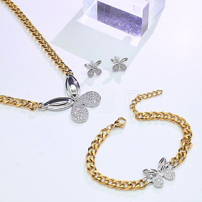 Women's Stainless Steel & Brass Micro Pave Cubic Zirconia Link Bracelets & Stud Earrings & Pendant Necklaces Sets HK0895-2-1