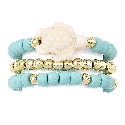 3Pcs Synthetic Turquoise & Hematite & Glass Seed Beaded Finger Rings RJEW-JR01092-1