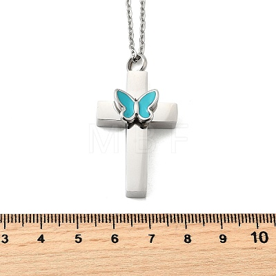 304 Stainless Steel Enamel Butterfly Cross Pendant Urn Ashes Necklaces NJEW-K393-03P-1