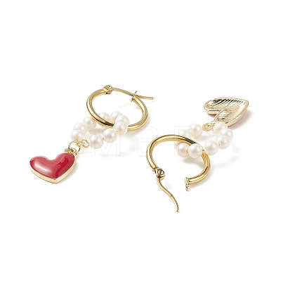Shell Pearl Beaded Ring with Alloy Heart Dangle Hoop Earrings EJEW-TA00172-1