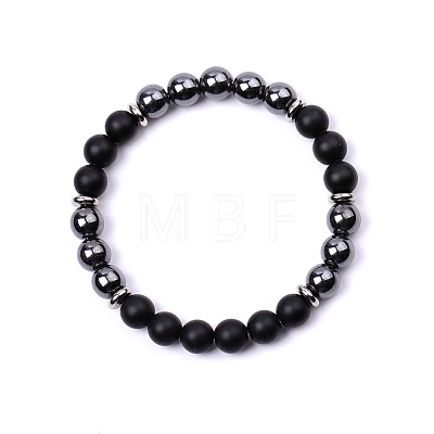 Natural Matt Black Stone & Synthetic Non-magnetic Hematite Round Beads Stretch Bracelets for Women Men KJ2327-1-1