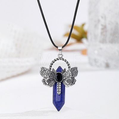 Bohemian Natural Lapis Lazuli Pointed Stainless Steel Dragonfly Pendant Black PU Leather Necklaces LW6425-6-1