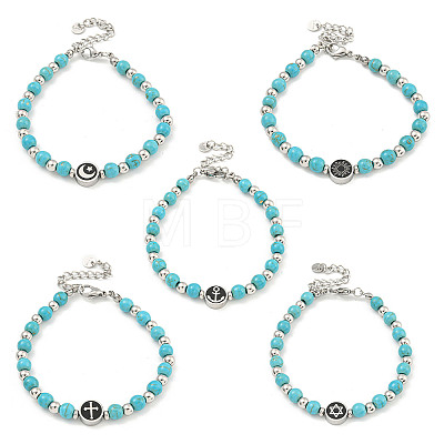 304 Stainless Steel & Synthetic Turquoise Round Beaded Bracelets for Women BJEW-G717-10-1