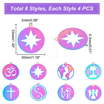 Unicraftale 32Pcs 8 Style Ion Plating(IP) 201 Stainless Steel Pendants STAS-UN0038-99-1