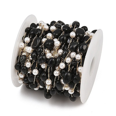 Natural Obsidian Nuggets & 316 Stainless Steel Handmade Link Chains CHS-K021-14G-02-1