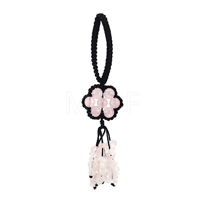 Flower Natural Rose Quartz Braided Thread Pendant Decorations HJEW-K046-04D-1