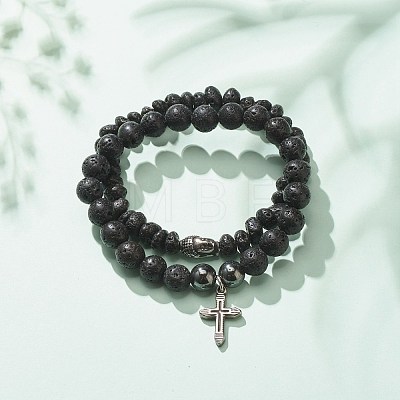 2Pcs 2 Style Natural Lava Rock & Synthetic Hematite Stretch Bracelets Set with 304 Stainless Steel Buddhist Head & Cross BJEW-JB08289-1