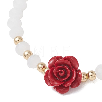 Glass with Synthetic Coral 3D Flower Rose Beaded Stretch Bracelets for Women BJEW-JB13498-1