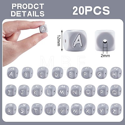 20Pcs Grey Cube Letter Silicone Beads 12x12x12mm Square Dice Alphabet Beads with 2mm Hole Spacer Loose Letter Beads for Bracelet Necklace Jewelry Making JX436E-1