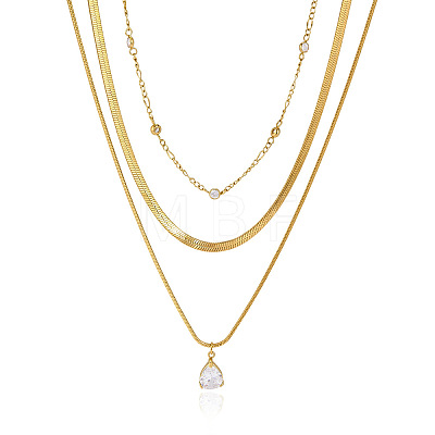304 Stainless Steel Pave Clear Cubic Zirconia Teardrop Pendant 3 Layer Necklaces for Women WGFD083-01-1