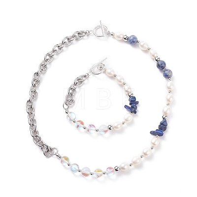 Natural Lapis Lazuli & Pearl & Synthetic Moonstone Beaded Necklace and Bracelet SJEW-TA00005-1